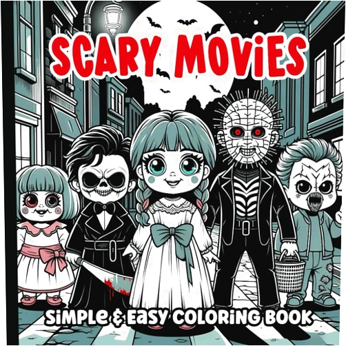 By Noah and Lucy Publishing (Author) Scary Movie Coloring Book for Teens and Adults: Cute and Creepy Chibi Coloring Pages | Horror Movie Inspired Illustrations | 8.5 x 8.5 inches