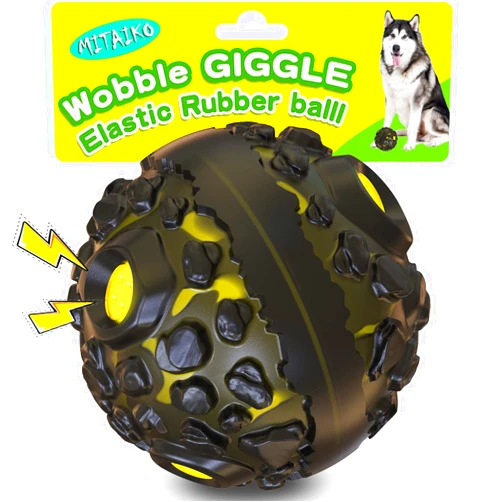 MITAIKO Dog Toy Ball for Aggressive Chewers, Interactive Fetch Dog Ball with Fun Squeaky Wobble Giggle Sound, Durable for Small Medium Large Dogs, Non-Toxic Rubber Pet Chew Toys, Black & Yellow