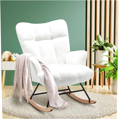 SAETSFEG Rocking Chair Nursery Teddy Upholstered Glider Rocker Rocking Accent Chair Padded Seat with High Backrest Armchair Comfy Side Chair for Living Room Bedroom Offices (White Teddy)