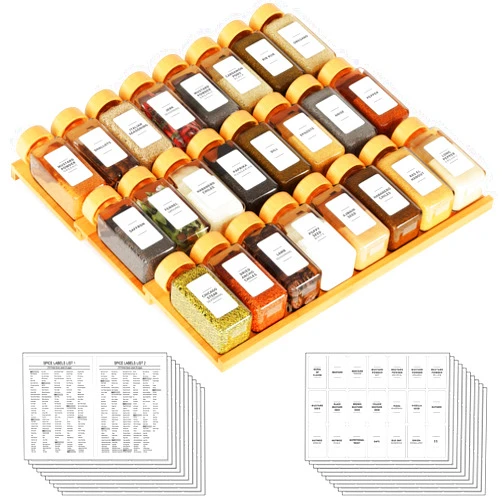 SpaceAid Bamboo Spice Drawer Organizer with 24 Spice Jars, 378 White Minimalist Spice Labels, 3 Tier Seasoning Rack Tray Insert for Kitchen Drawers, 15