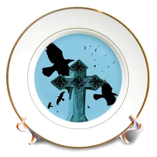 3dRose 8 inch Porcelain Plate - Gothic Cross Headstone With Crows and Ravens Vector - Halloween Gravestone