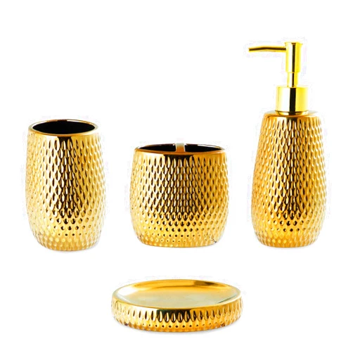 BASDHE Gold Bathroom Accessory Set 4 Piece Ceramic Bath Accessories Sets Complete, Rain- Drop Shaped Bathroom Essential with Toothbrush Holder & Dish, Tumbler, Soap Dispenser Set for Bath Decor