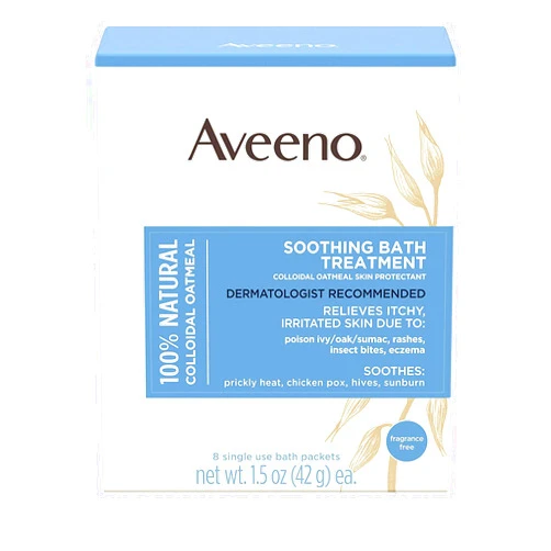 Aveeno Soothing Bath Treatment with 100% Natural Colloidal Oatmeal for Treatment & Relief of Dry, Itchy, Irritated Skin Due to Poison Ivy, Eczema, Sunburn, Rash, Insect Bites & Hives, 8 ct(2 Pack)