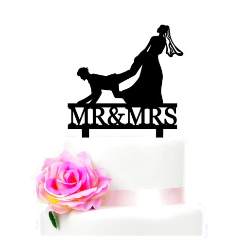 TzTwodcaz Funny Wedding Cake Topper - The Bride Grabbed The Groom's Leg From Behind - Mr&Mrs Cake Topper, Bride Dragging Groom Cake Topper, The Hunt Is Over