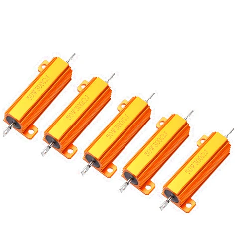 HL Electronic Business 5Pcs 50 Watt 300 Ohm Aluminum Case Resistor with 5% Tolerance Aluminium Housing Chassis Mount Wirewound Power Resistors Glod