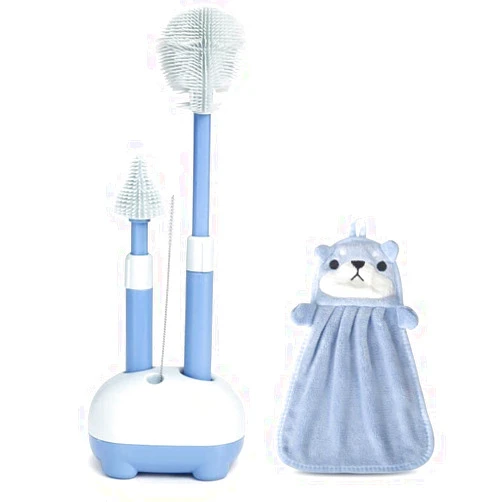 VOOWO Baby Bottle Brush, VOOWO Telescopic Silicone Bottle Brush for Cleaning with Long Handle, Water Bottle Cleaner Brush with Nipple & Straw Cleaner, Included Towel (Blue Telescopic Brush & Stand)