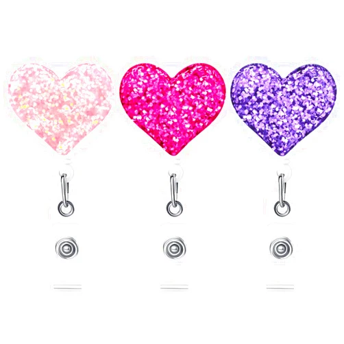 Ascrafter 3 Pack Bling Heart Badge Reel Retractable, Badge Clip on ID Name Card, Glitter Love Heart Badge Holder for Nurse Teacher