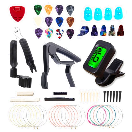 Hanbangabc Guitar Accessories Kit with Guitar Strings,Guitar Tuner,Guitar Capo,3-in-1 Restring Tool,Pick Holder,Guitar Picks,Finger Protectors,Thumb Finger Picks, Guiter Bridge Pins,Guitar Nuts,Guitar Saddles