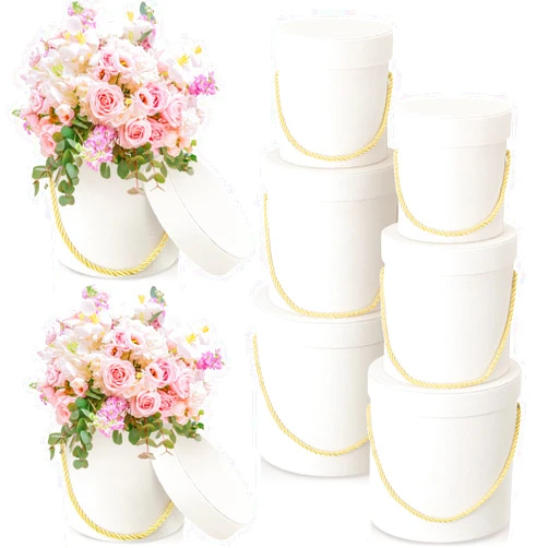 Uiifan 6 Pcs Round Velvet Flower Box with Lids Wedding Velvet Nesting Gifts Box with Handle for Luxury Flower Gift Arrangement Bridesmaid Birthday Party Favor(White)
