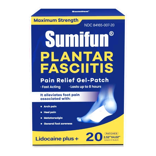 Sumifun Plantar Fasciitis Pain Patches, 4% Lidocaine Plus 1% Menthol, Maximum Strength 8-Hour Lidocaine Patches for Heel & Foot Pain Relief, Sprains, Strains & Bruises (6x10cm, 20 Counts)