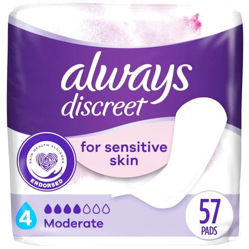 Always Discreet Incontinence Pads for Bladder Leaks Sensitive Skin Pads Moderate Absorbency, 57 Count (Packaging May Vary)