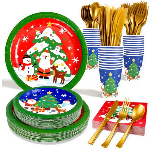 FUNPAK Christmas Paper Plates Disposable w/Napkins Cups & Cutlery, 50 Serves Santa Dinner Plates Sets, Heavy Duty Christmas Plates Disposable Supplies for Family, Winter Holiday Party Decrorations 175 pcs