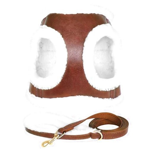Beirui Leather Small Dog Harness and Leash Set, Soft Plush Padded Puppy Harness, Winter Warm Dog Harness, Step in No Chock No Pull Adjustable Dog Harness for Small Dog, Brown M