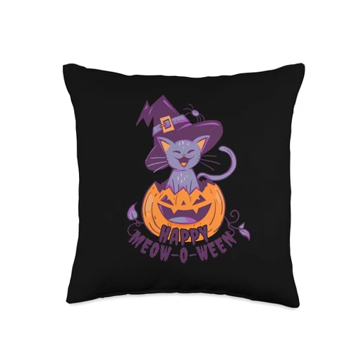 Halloween, Horror, Zombie, Kürbis, Skelett, Grusel Happy O-Ween. Meow for Scary Cats Throw Pillow, 16x16, Multicolor