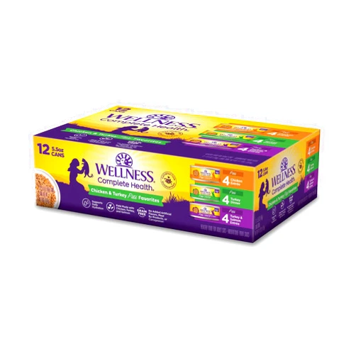 Wellness Complete Health Pate Adult Wet Cat Food, Natural, Protein-Rich, Grain-Free, 5.5 Ounce , 12 Pack, (Chicken & Turkey Favorites Variety Pack)