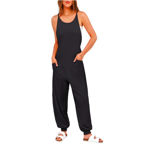ANRABESS Women's Causal Sleeveless Jumpsuits Summer Scoop Neck Harem Overalls Stretchy Adjustable Strap Romper with Pocket