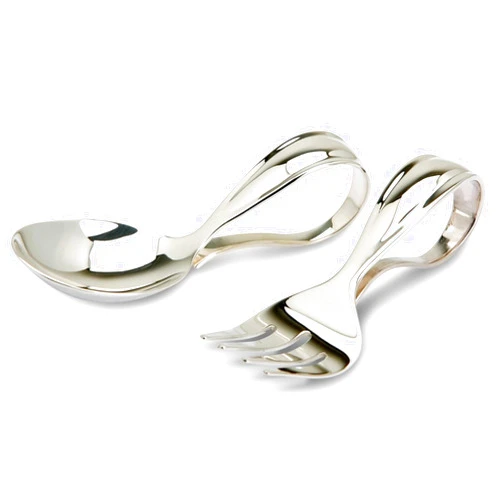 Krysaliis Sterling Silver Bent Curved Baby Feeding Spoon & Fork - Premium Quality Food Grade Standard .925 Solid Sterling Silver Spoon & Fork - Engravable Gift For Baby with a Beautiful Gift Box