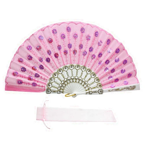 Newstarfactory Folding Fans for Women,Handmade Elegant Colorful Embroidered Flower Peacock Pattern Sequin Fabric Folding Fans (Pink)