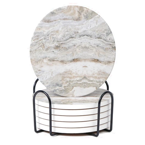 Hoomey Set of 6 Gray Abstract Onyx Marble Coasters with Holder, Absorbent Ceramic Coasters for Drinks, Coasters with Cork Backing for Table Protection, Coffee Table Decor