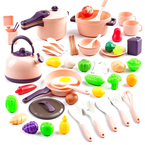 Bruvoalon 56Pcs Mini Play Kitchen Accessories for Kids, Pretend Cooking Playset with Cookware, Tableware & 2 Fruit Sets, Learning Gift for Girls, Boys, Toddlers, Pink