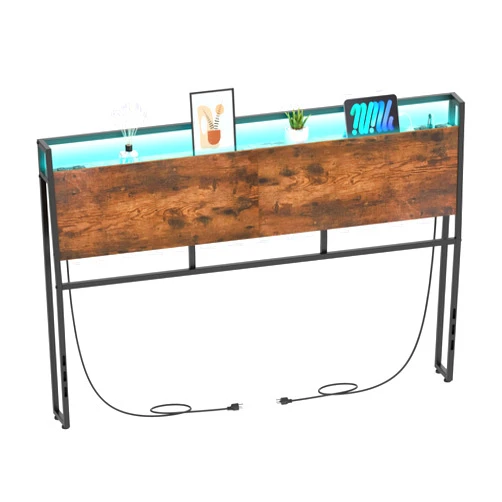 GiftGo Queen Size Headboard Ergonomic Headboard with 4 Outlets and 4 USB Ports LED Light Adjustable Height Storage Rack Sturdy and Stable Metal Frame & Wood Shelf Easy Assembly (Brown, Queen)
