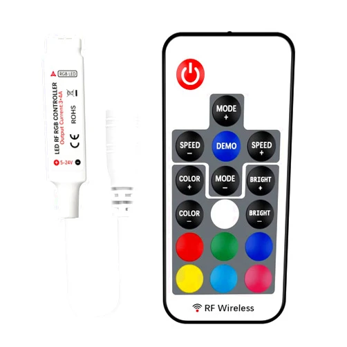 Ruirui 17-Key RF Wireless Remote Control DC 5V-24V 12A RGB LED Controller with Dimmer for 5050 3528 5630 LED Strip Lights Mini 4-Pin Light Controller