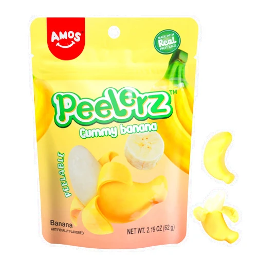 Amos Peelable Banana Gummies, Banana Peeling Candy, Peelerz Fruit Snacks Fat Free, Resealable 2.19oz Bag (Pack of 3)