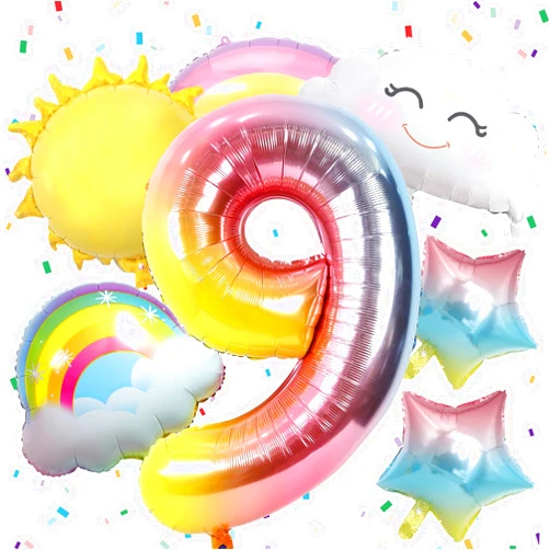 Paeyeq 9th Rainbow Birthday Decorations, 9th Rainbow Birthday Foil Balloons Set with Sun Rainbow Gradient Stars and 40 Inch Number 9 Balloon for Rainbow Theme Girls 9th Birthday Party Decorations