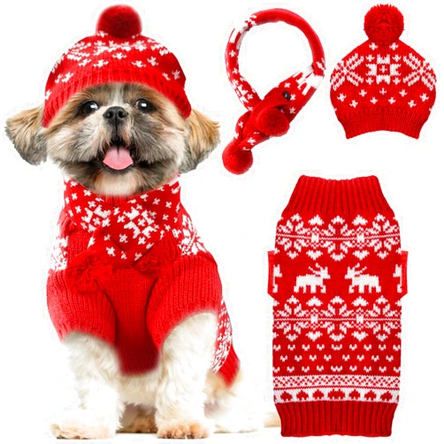 ABRRLO Dog Christmas Outfit 3 PCS Set Pet Xmas Sweater Hat Scarf Snowflake Christmas Dog Cat Sweater Costume Winter Warm Small Dog Clothes New Year Holiday Puppy Clothing (Scarf + hat + Sweater,M)
