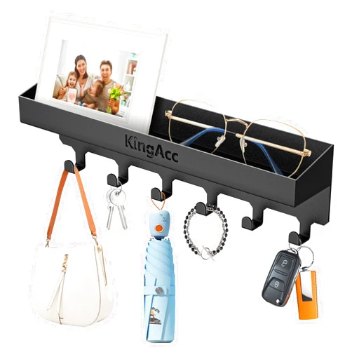 KingAcc Key Holder for Wall Decorative, Wall Mounted Key and Mail Organizer, Adhesive Key Rack/Hanger with Tray,6 Key Hooks for Entryway Hallway Kitchen Farmhouse (Black)