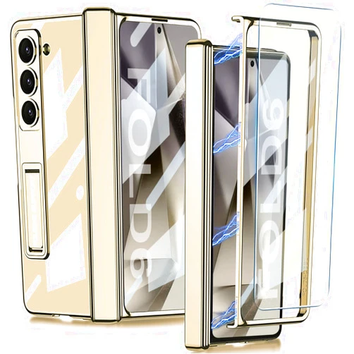 TOPSEM for Samsung Galaxy Z Fold 6 Clear Case with Magnetic Hinge Protection and Adjustable Kickstand & Screen Protector, Transparent Electroplating Magnetic Shockproof Cover for Z Fold 6 (Gold)