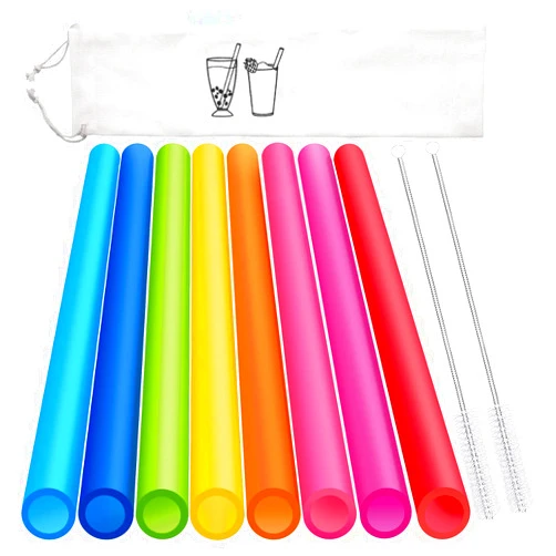 HIWARE 8 Pcs Extra Wide Reusable Boba Straws with 1 Bag & 2 Brushes - BPA FREE Multicolor Big Jumbo Large Plastic Straws for Smoothies, Bubble Tea(Tapioca, Boba Pearls), Milkshakes