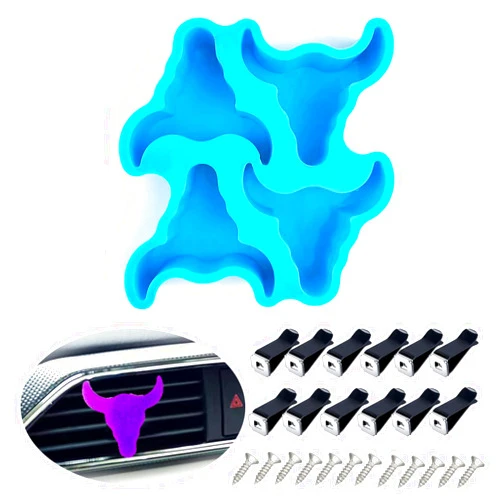 HWSFYES Silicone Bull Skull Molds - Car vent clips included, Oven safe, For resin soap or candle making - 12 pc kit