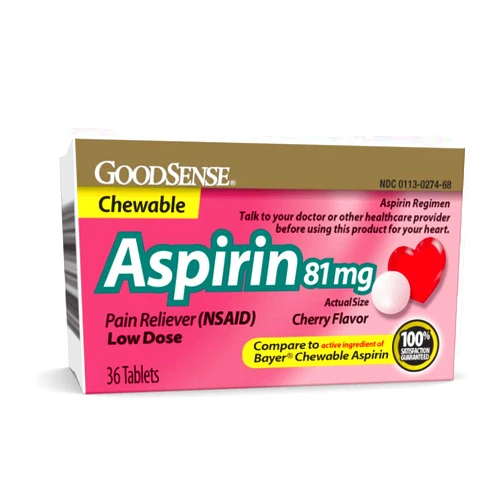 GoodSense Aspirin 81 mg Pain Reliever (NSAID) Chewable Tablets, Low Dose Aspirin, Cherry Flavor, 36 Count