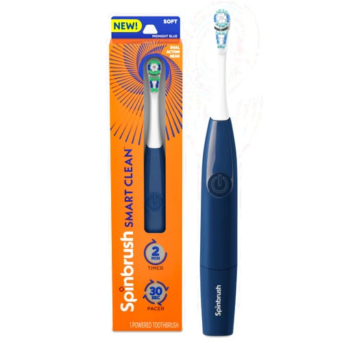 Spinbrush Smart Clean Battery Powered Electric Toothbrush, Soft Bristles, Midnight Blue