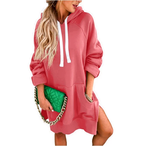 PRETTYGARDEN Women's Casual Pullover Sweatshirt Long Sleeve Split Hem Hoodie Dress with Kangaroo Pocket