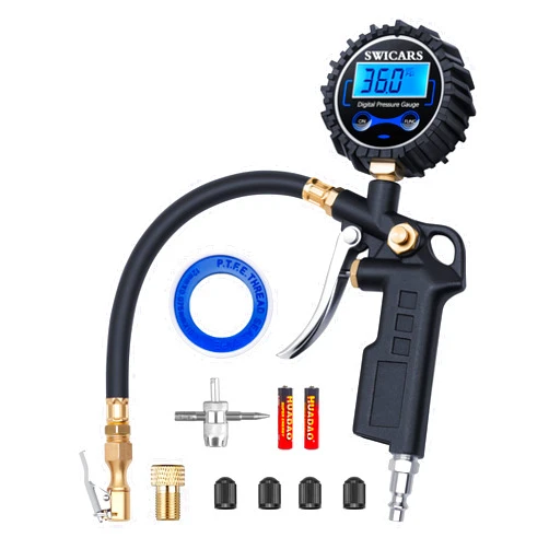 Swicars Digital Pressure Gauge with Tire Inflator, 250 PSI Air Chuck and Compressor Accessories Heavy Duty with Quick Connect Coupler, 0.1 Display Resolution, Car Accessories for Truck, SUV, RV, Black