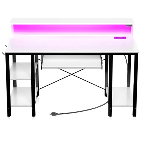 Rolanstar Computer Desk 54 inch with LED Lights & Power Outlets, Gaming Desk with Storage Shelves, Home Office Desk with Keyboard Tray, Writing Desk with Monitor Stand, Study Desk, White