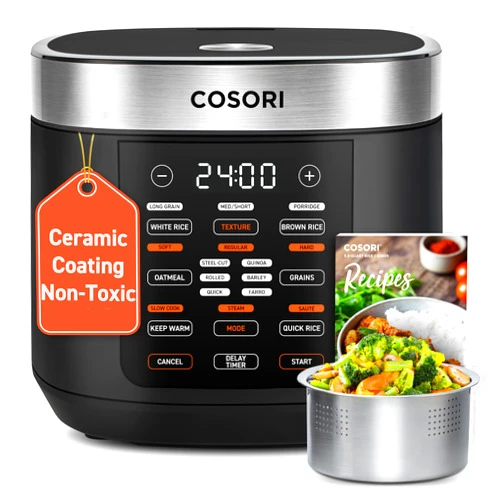 COSORI Rice Cooker 10 Cup, 24h Keep Warm, 18 Functions Fuzzy Logic Rice Maker with Stainless Steel Steamer Basket, Sauté, Slow Cooker, Black