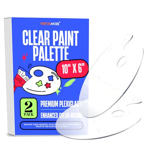 Performore 2 Pack Clear Acrylic Painting Palettes, French Style Oval Non-Stick Plexiglass Pigment Tray for Acrylic Oil Paint Mixing, Easy to Clean (10