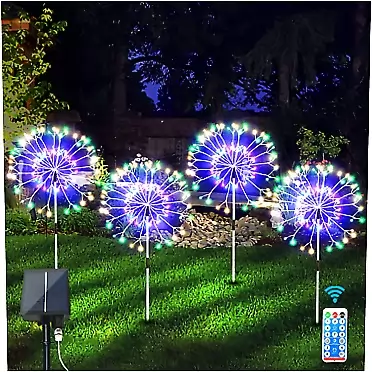 YYDSH 4 Pack Solar Firework Lights Outdoor - Garden Pathway 480 LED with Remote Ip65 Waterproof Decorative 8 Lighting Modes Stake DIY Landscape for Lawn Decor, Multicolor