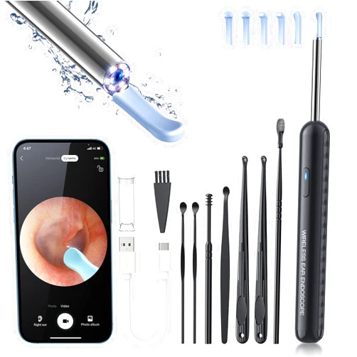AIFINI Ear Wax Removal, Ear Cleaner with Camera and Light, Ear Wax Removal Kit with 8 Pcs Set, Ear Wax Removal Tool Camera with 1080P, Ear Cleaning Kit with 6 Spoons, Ear Camera for iOS & Android (Black)