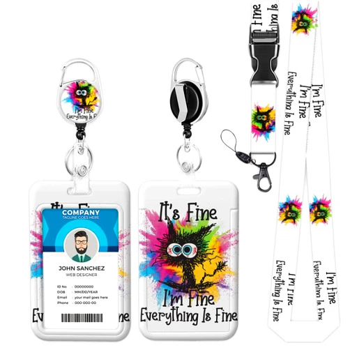 Onevenvi I'm Fine It's Fine Everything is Fine Lanyards for ID Badges for Women/Men Cute, Cat ID Badge Holder with Lanyard Badge Holder/Reel Lanyard with Heavy Duty Badge Holder Keychains for Teacher, Kids