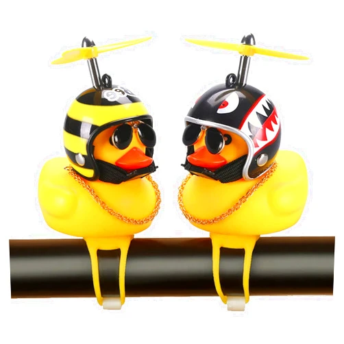 Hautllaif 2 Pack Rubber Duck Car Ornaments, Yellow Duck Car Dashboard Decorations Squeeze Duck Bicycle Horns with Propeller Helmet,Bandage and Gold Chain