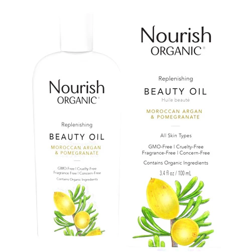 Nourish Organic Beauty Oil – Replenishing Body Oil with Moroccan Argan Oil, Pomegranate, Rosehip Oil & Vitamin E, 3.4 Oz + Washable Cotton Round