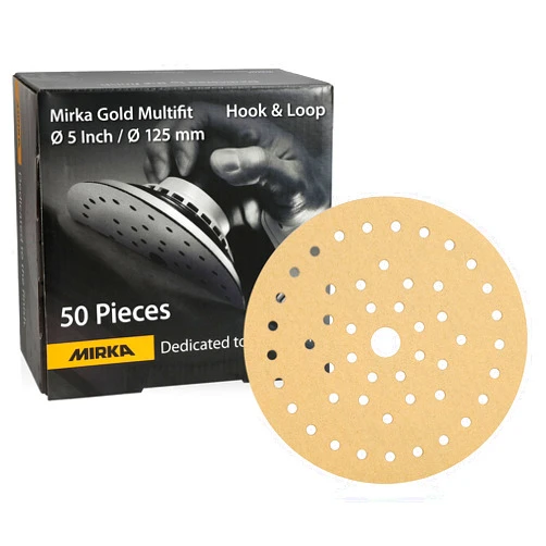 Mirka Gold Multifit 5'' Sandpaper Grit 150 Hook and Loop, 50 Pack 5 inch Sanding Discs for Orbital Sander, Sand Paper Pads for Wood, Drywall, Metal