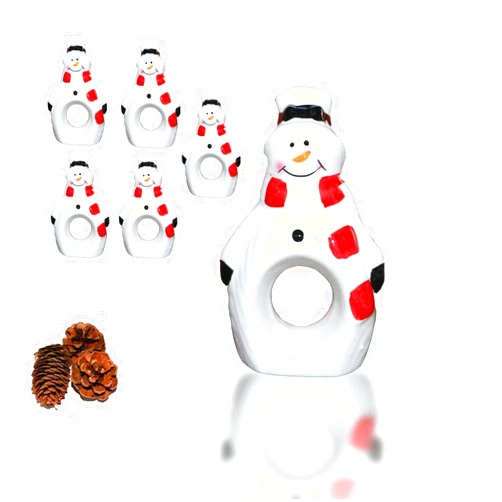 JUSTEMI Christmas Napkin Rings,Ceramic Napkin Rings Set of 6,Snowman Napkin Holder
