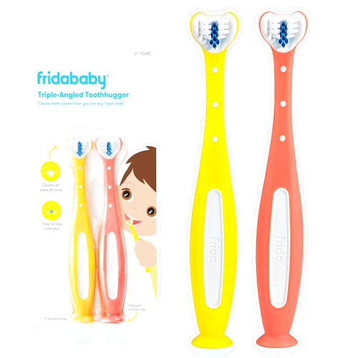Frida Baby Triple-Angle Toothhugger Training Toddler Toothbrush | Toddler Toothbrush 2 Years and Up, Cleans All Sides at Once | 2 Pack (Yellow + Pink)