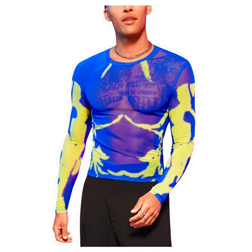 WDIRARA Men's Mesh Sheer Graphic Print Long Sleeve Tee Casual Crewneck Party Shirts