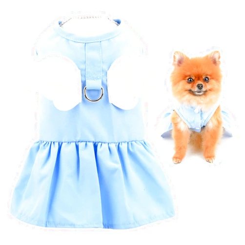 SMALLLEE_LUCKY_STORE Angel Wing Girls Dog Harness Dress and Leash Set Cat Sundress with D-Ring Puppy Skirt Spring Summer Clothes for Small Pets Yorkie Chihuahua,Blue,XS